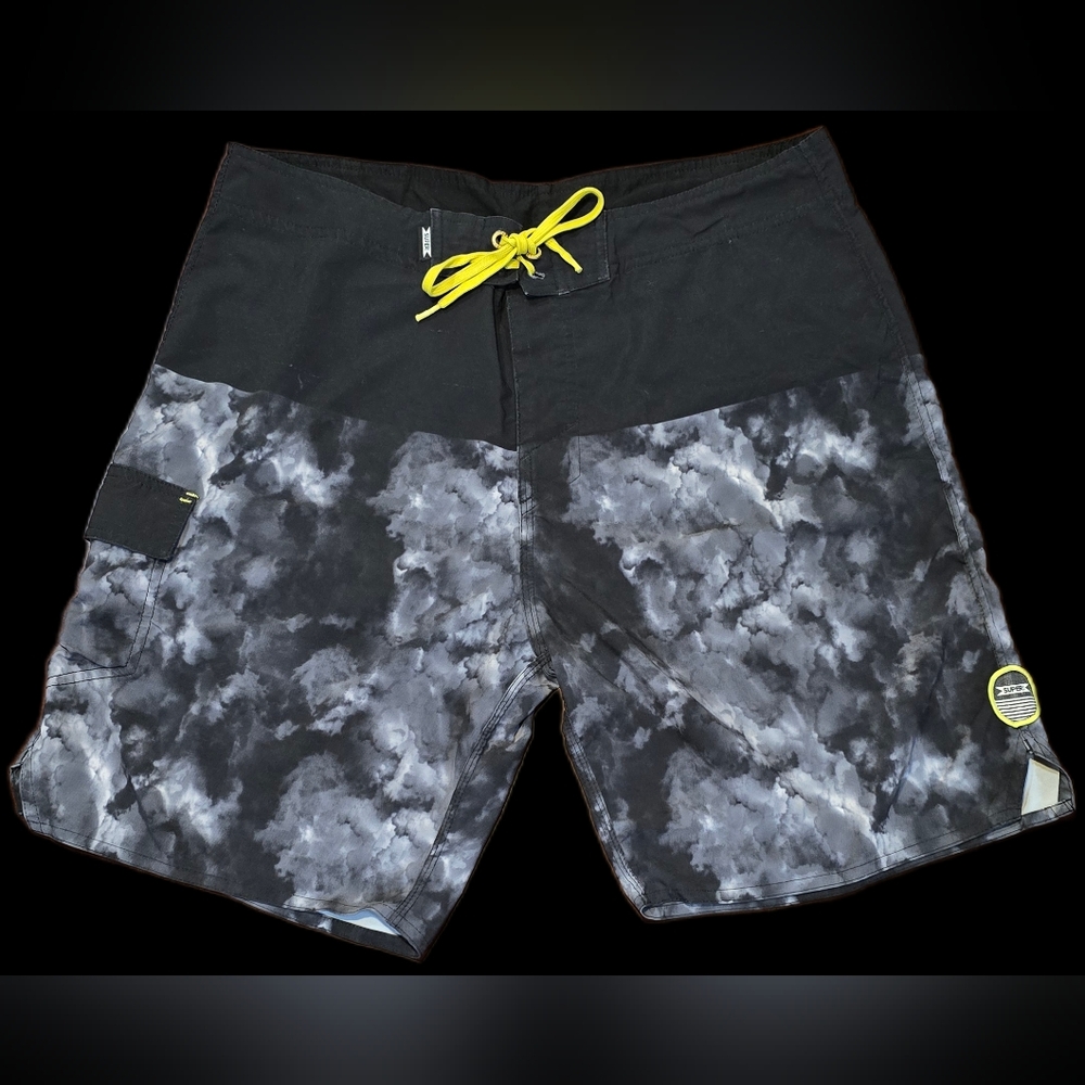 SuperI Brand Men's Boardahorts, Black w/ Gray Smoke Cloud: Watersports & Surfing